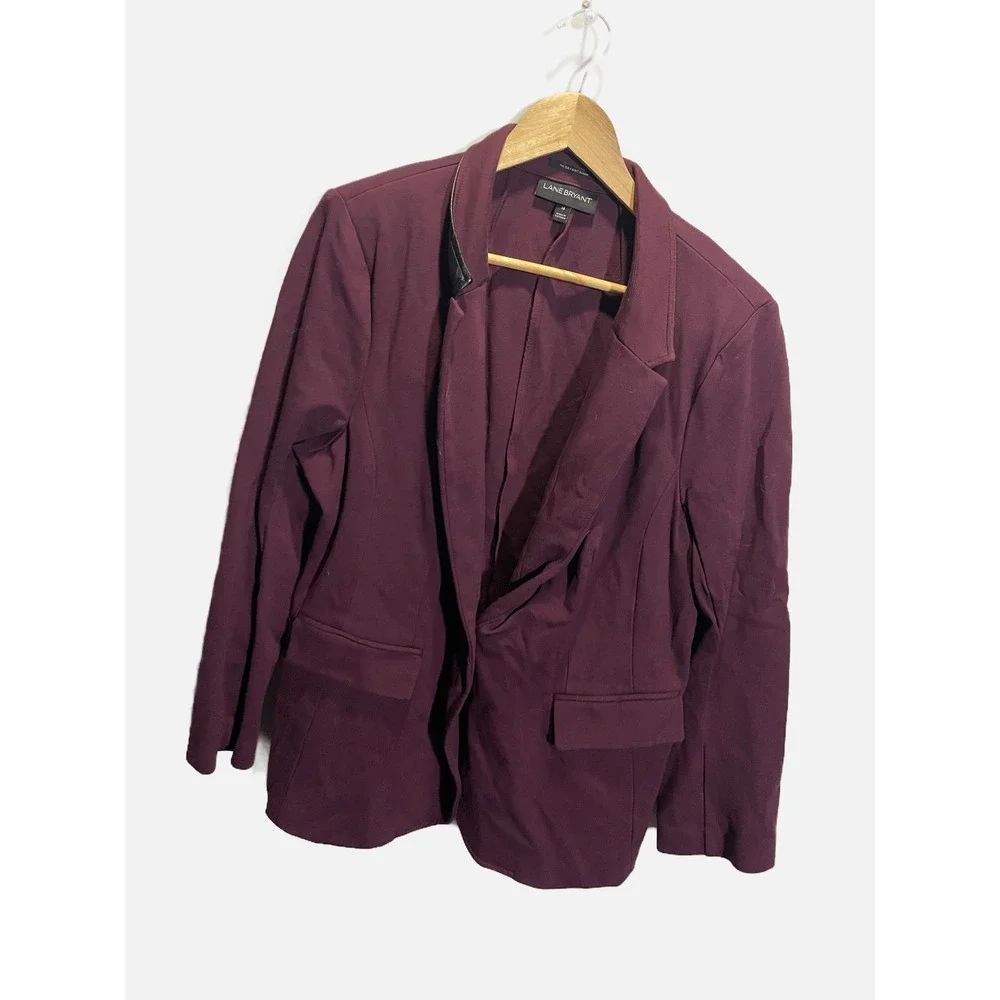 Lane Bryant The Bryant Blazer Plum Burgundy Faux Leather Trim Open Front Size 18